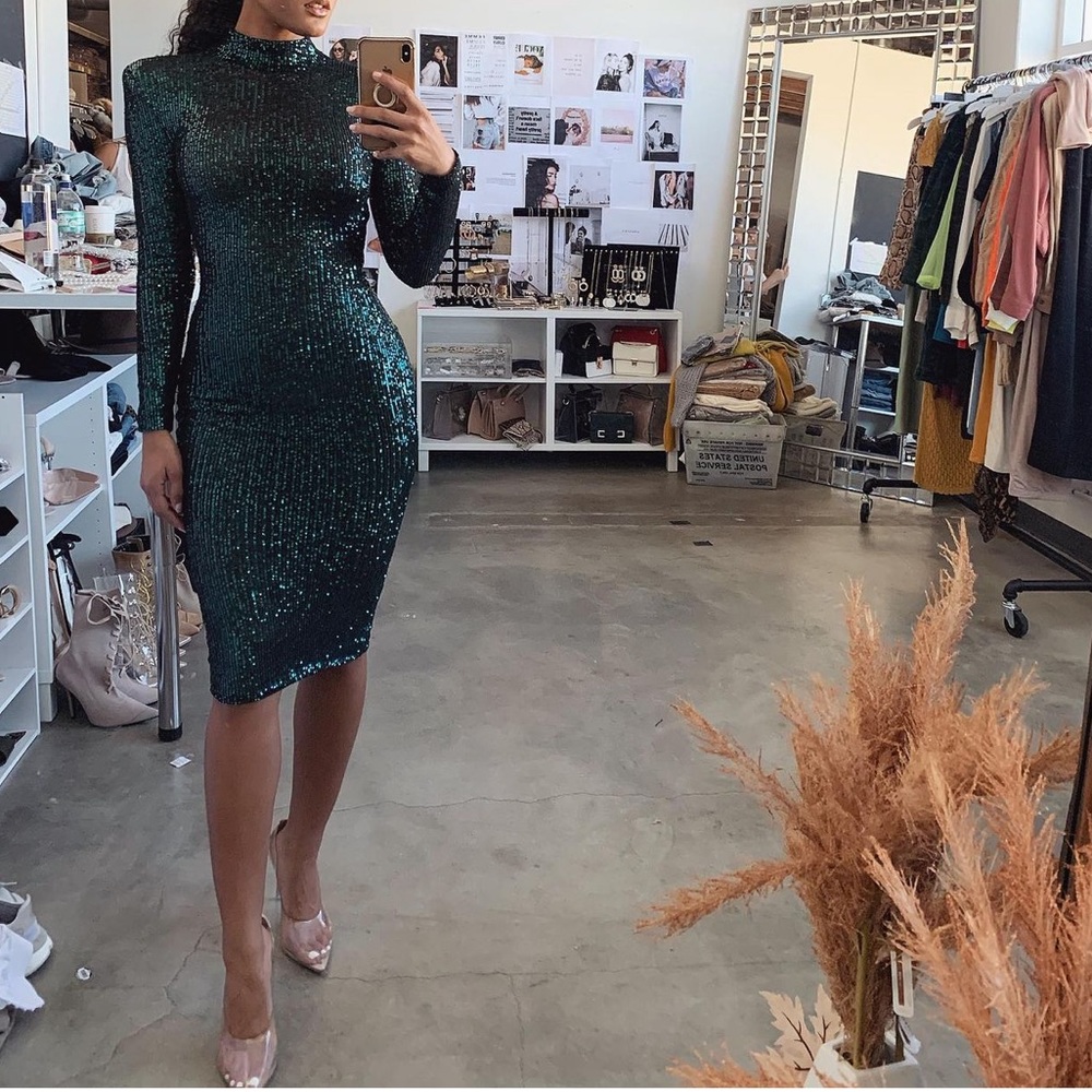 JLUXLABEL Green Galore Sequin High Neck Dress - S